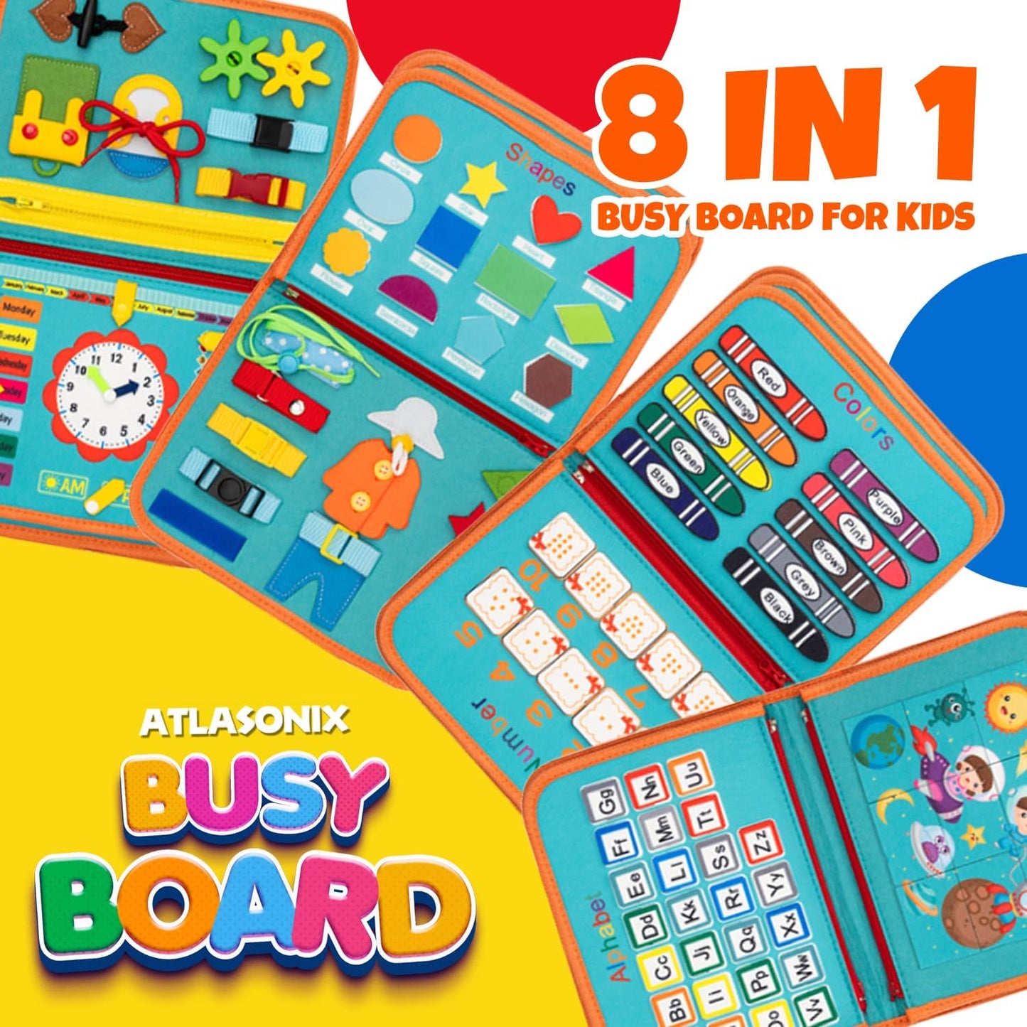 Atlasonix Montessori Busy Board for Toddlers - Educational Learning Toy with Zippers, Buckles, Velcro & Shapes