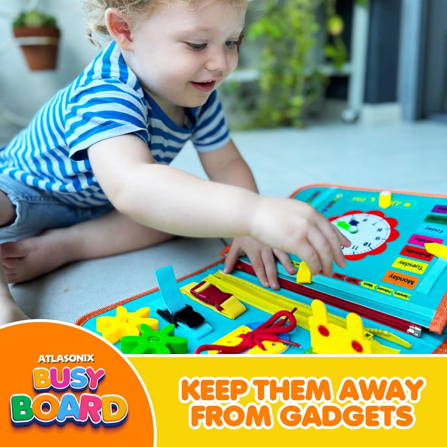 Atlasonix Montessori Busy Board for Toddlers - Educational Learning Toy with Zippers, Buckles, Velcro & Shapes