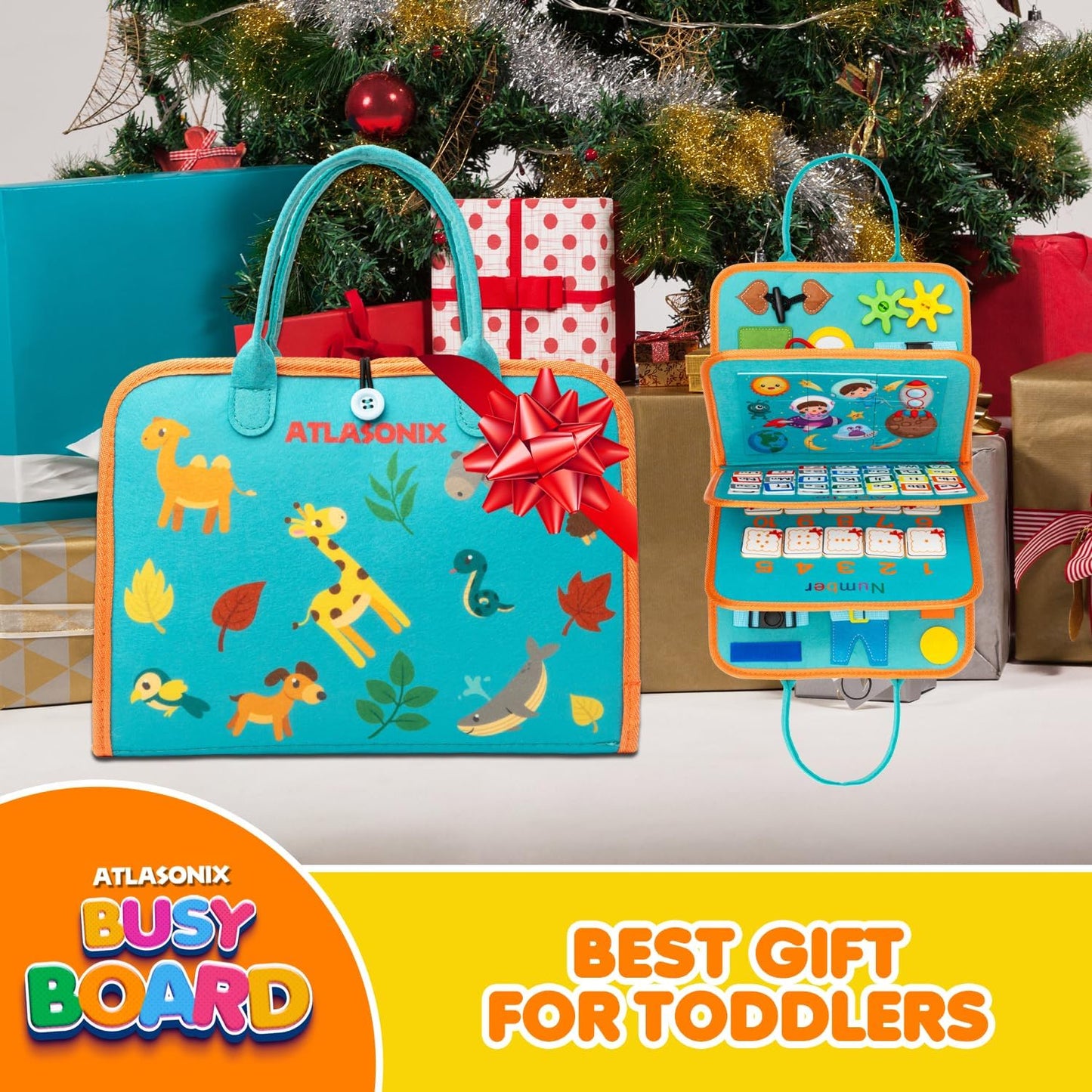 Atlasonix Montessori Busy Board for Toddlers - Educational Learning Toy with Zippers, Buckles, Velcro & Shapes