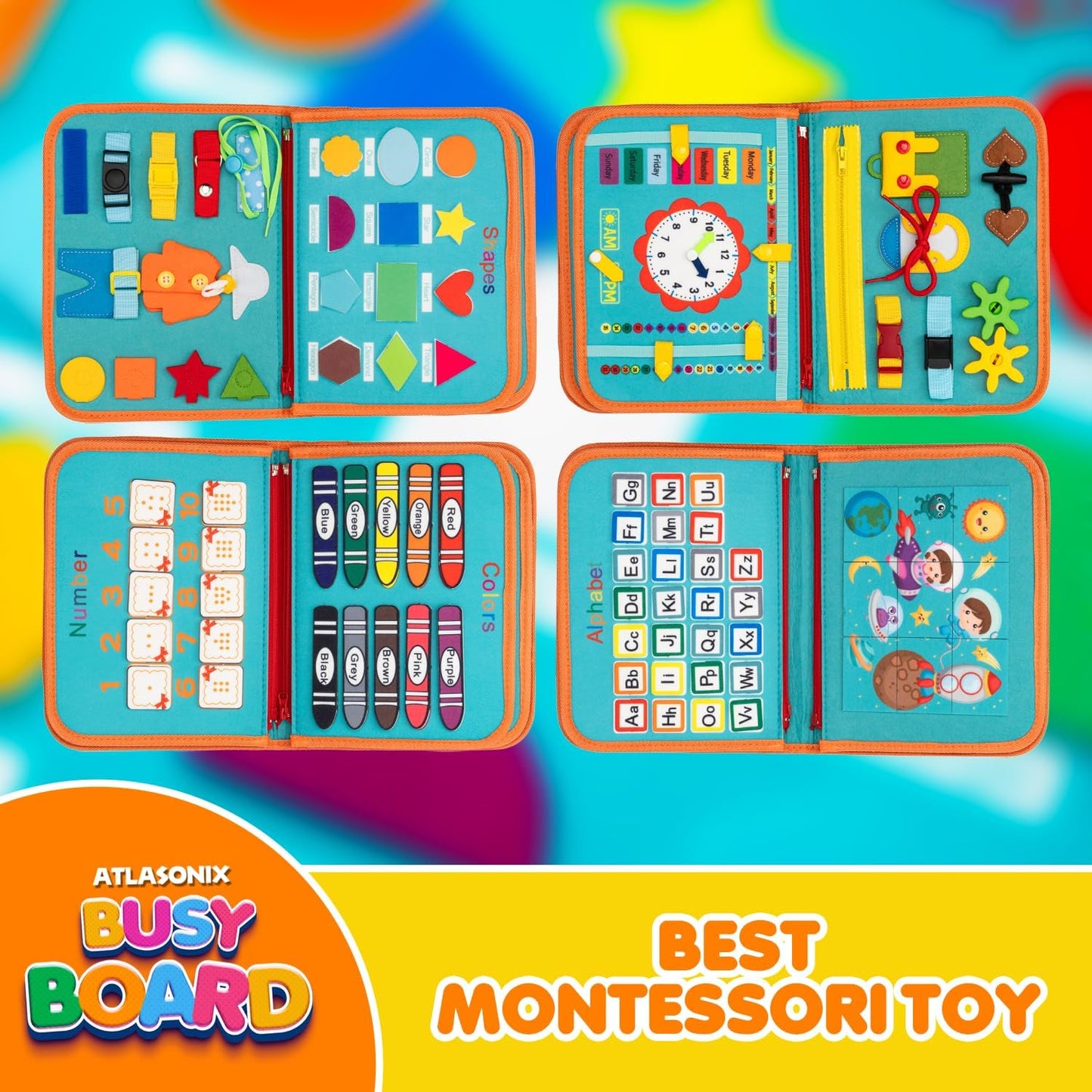Atlasonix Montessori Busy Board for Toddlers - Educational Learning Toy with Zippers, Buckles, Velcro & Shapes