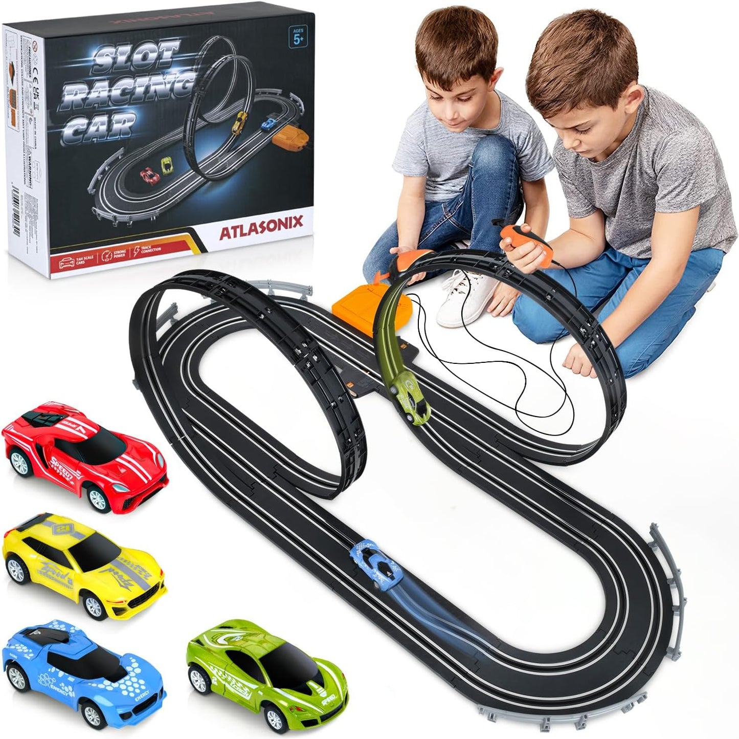Atlasonix Dual Slot Car Race Track Set - Electric Race Tracks & Accessories for Kids Age 5+
